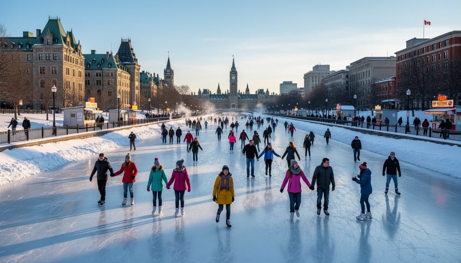 Skaters enjoying the frozen Rideau Canal with historic Ottawa buildings in background