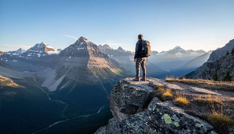 Hiker at a rocky viewpoint in Jasper looking toward dramatic mountains and glacier-like terrain.