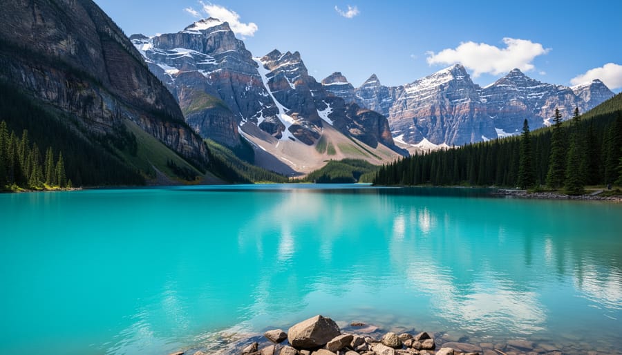 Turquoise Lake Louise with snow-capped mountains reflected in calm water.