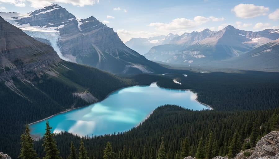 Turquoise Peyto Lake with surrounding glacier-carved mountains in the distance.