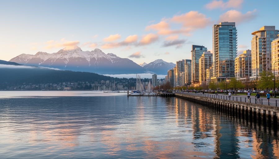 Sunrise view of Stanley Park seawall with ocean water and a misty Vancouver skyline in the distance.