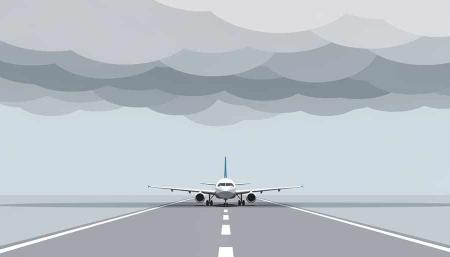 A grounded airplane at an airport runway under an overcast sky.