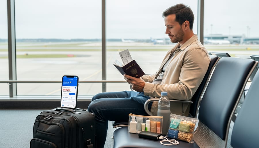 A traveler seated at an airport gate holding meal items and boarding documents while using a phone with the screen facing away.