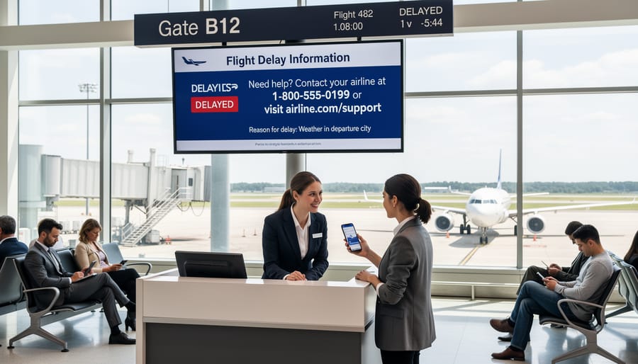 Airline staff helping a passenger at a boarding gate with a suitcase and boarding documents.