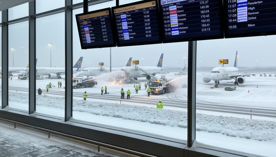 Airplane on a Toronto airport tarmac during snowy winter weather with ground equipment in the background.