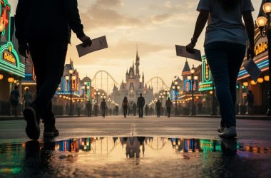 Cinematic sunset view of a theme park promenade with glowing attractions, roller coaster silhouettes, and guests’ silhouettes in the foreground.