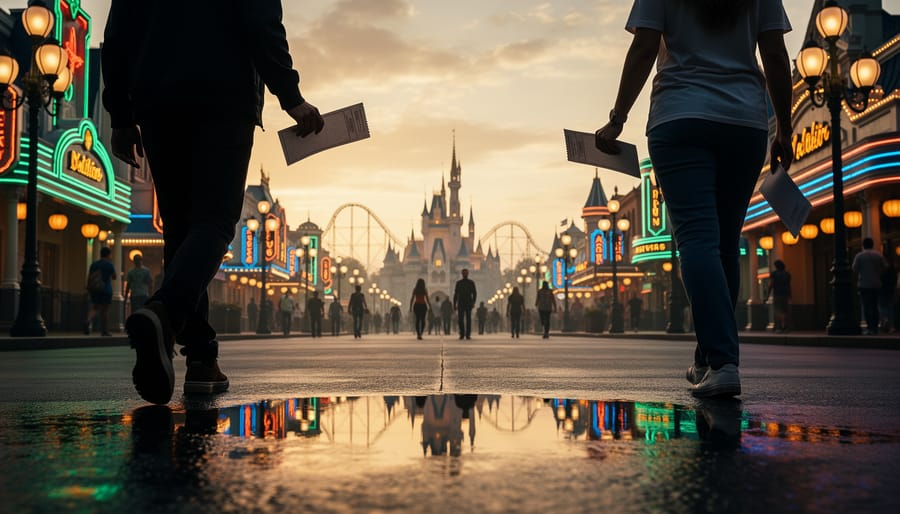Cinematic sunset view of a theme park promenade with glowing attractions, roller coaster silhouettes, and guests’ silhouettes in the foreground.