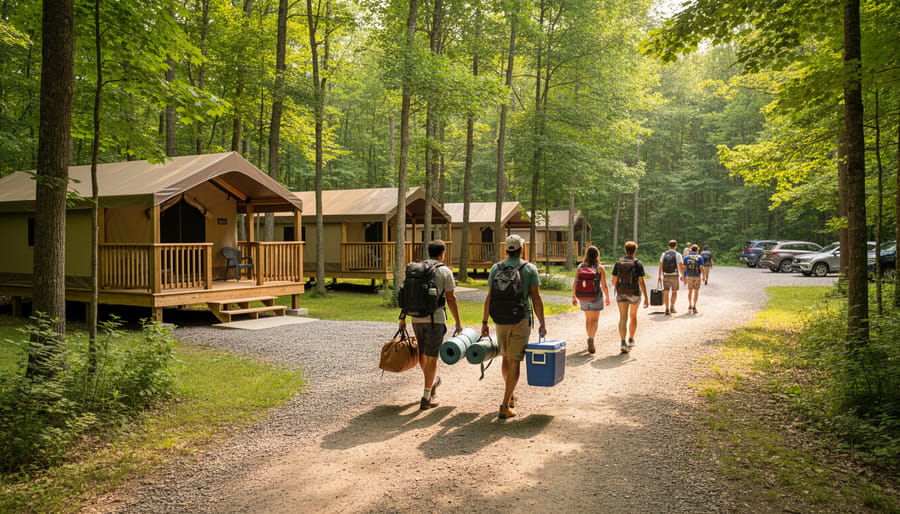 Camper walking a wooded path while carrying camping gear toward oTENTik sites.