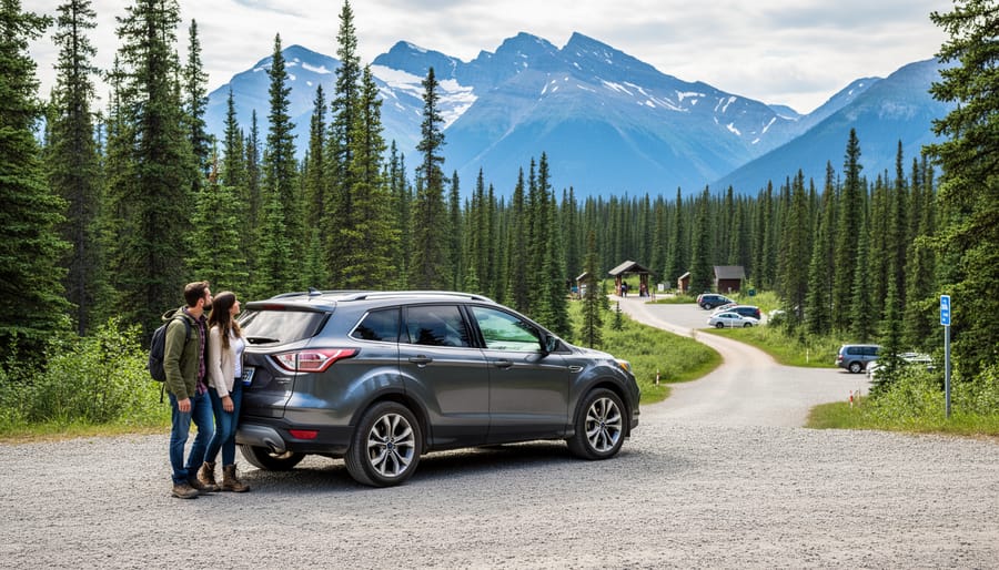 “Travelers arriving at a Canadian national park near a trailhead with forest and mountain scenery in the background.”