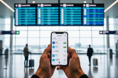 “Traveler holding a smartphone to check flight status in an airport terminal with a blurred departure board in the background.”