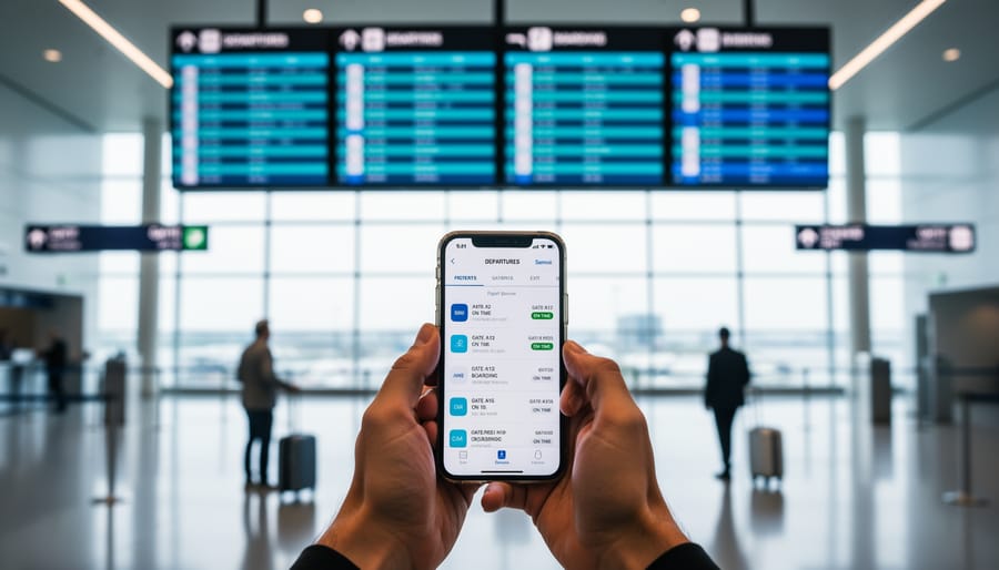 “Traveler holding a smartphone to check flight status in an airport terminal with a blurred departure board in the background.”