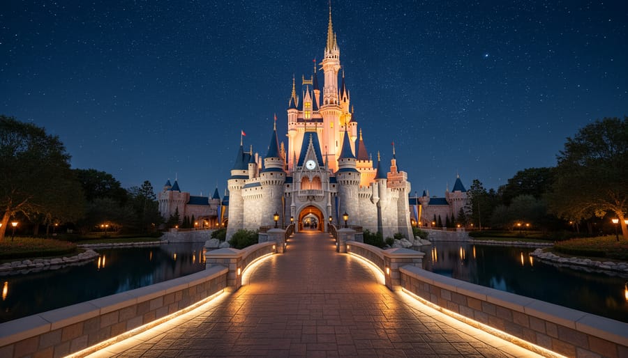 Cinderella Castle at Walt Disney World Resort at night with colorful lights.