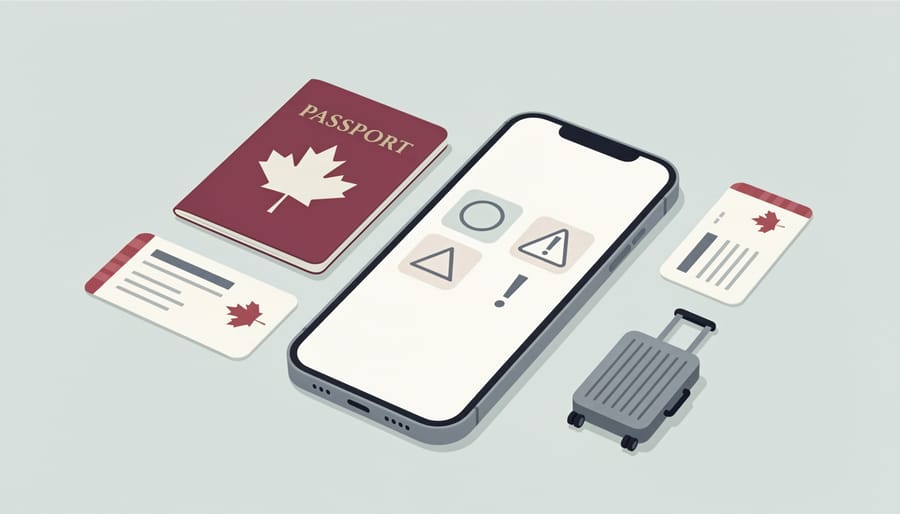 Close-up of a hand holding a smartphone next to a passport and a small Canadian flag patch in an airport lounge.