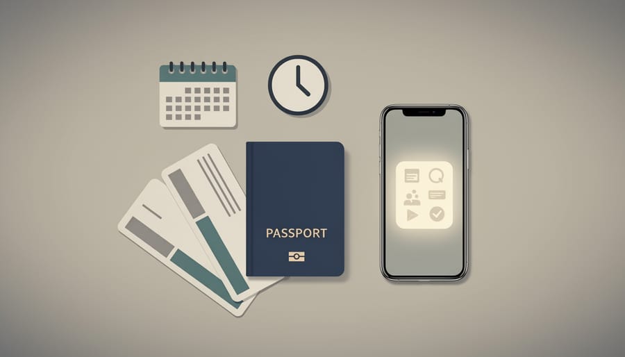 Close-up of a passenger’s passport and travel documents with a phone at an airport desk.