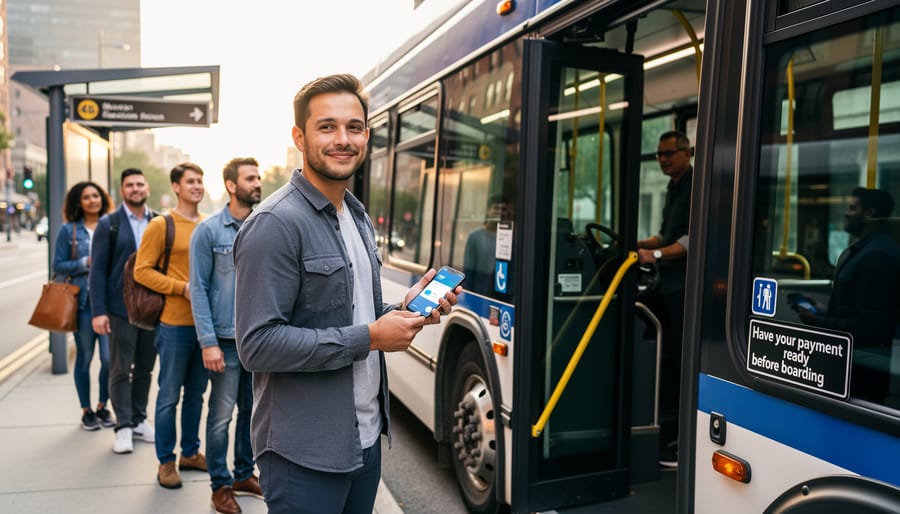 Close-up of hands holding a transit card and coins next to a smartphone