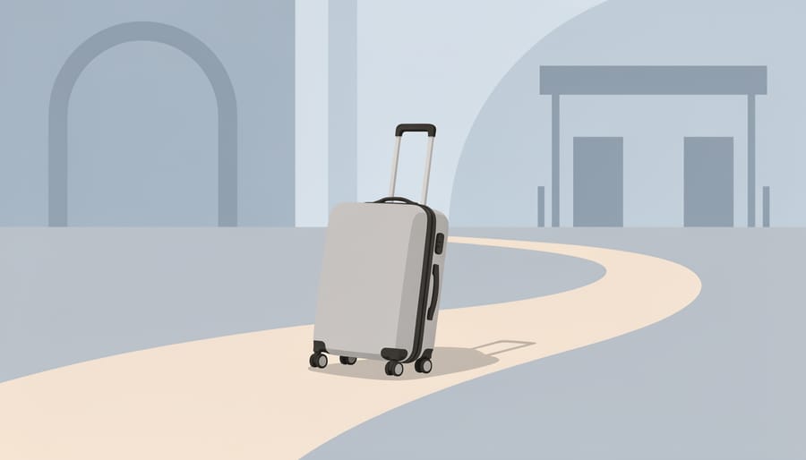 Empty rolling suitcase in a terminal walkway symbolizing smooth travel flow