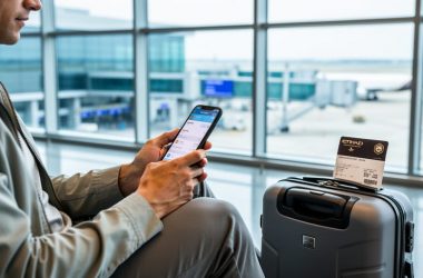 Traveler in a Canadian airport terminal holding a smartphone while waiting for updated flight information, with a carry-on bag nearby and a distant airplane visible through the window.