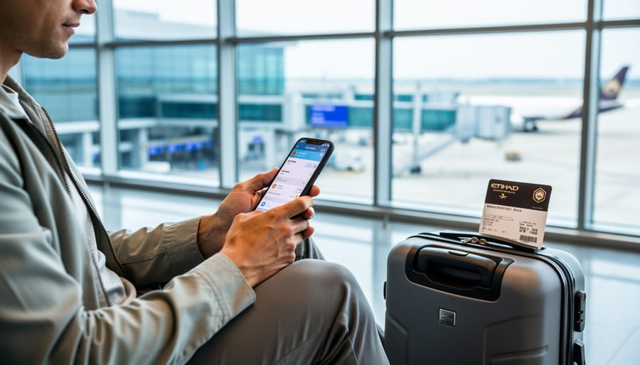 Traveler in a Canadian airport terminal holding a smartphone while waiting for updated flight information, with a carry-on bag nearby and a distant airplane visible through the window.