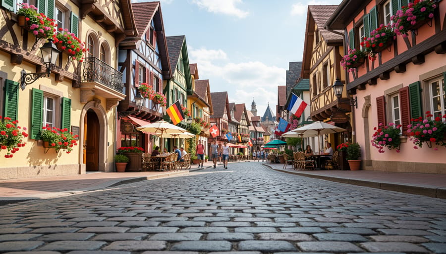 Europa-Park alpine-themed village street with coaster track visible in the background.