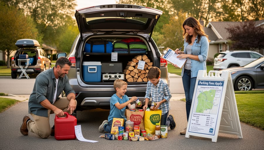 Family packing camping gear in a car trunk at a national park parking lot