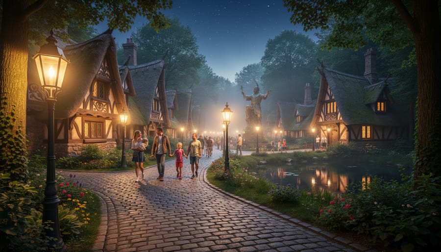 Lantern-lit fairy-tale cottage and pathway in Efteling surrounded by trees and greenery.