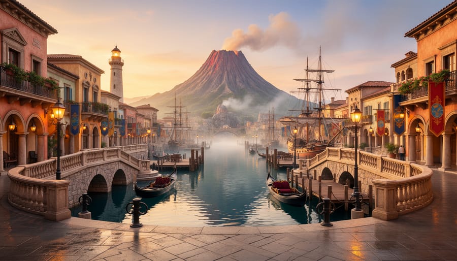 Lively Tokyo DisneySea harbor at night with warm lantern lights and a themed ship in view.