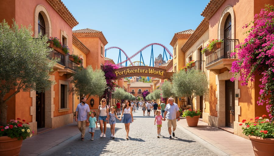 Mediterranean-themed entrance area at PortAventura World with warm golden hour lighting.
