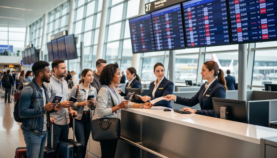 Passenger talking with airline staff at a check-in counter in an airport.