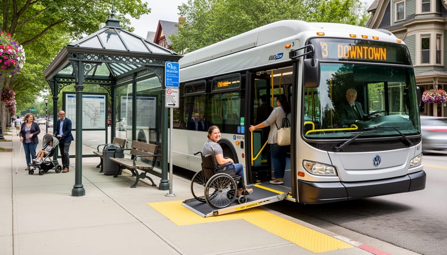 Passengers boarding a city bus at a curbside stop, with accessible ramp area visible