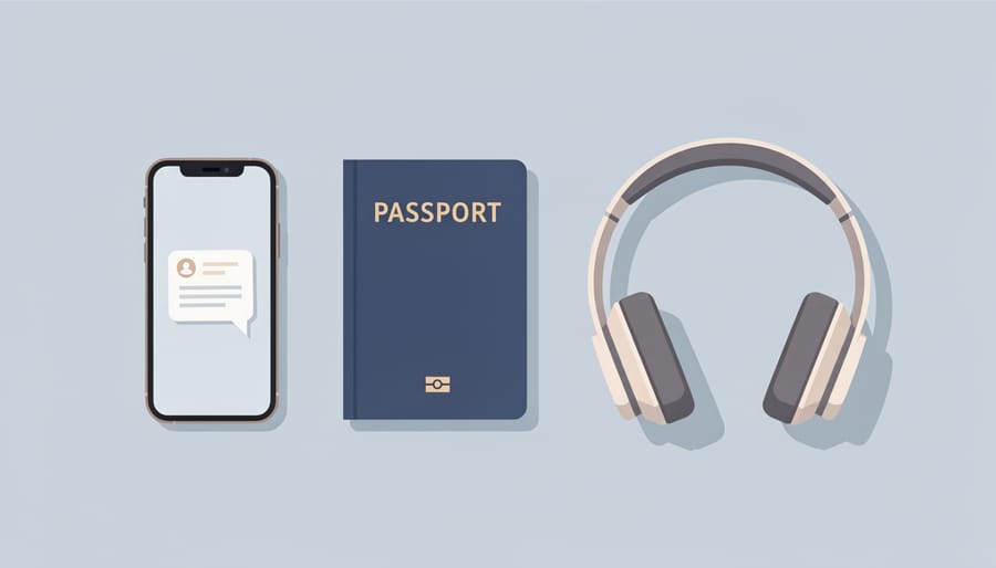 Passport and smartphone on a wooden table with travel accessories arranged neatly.