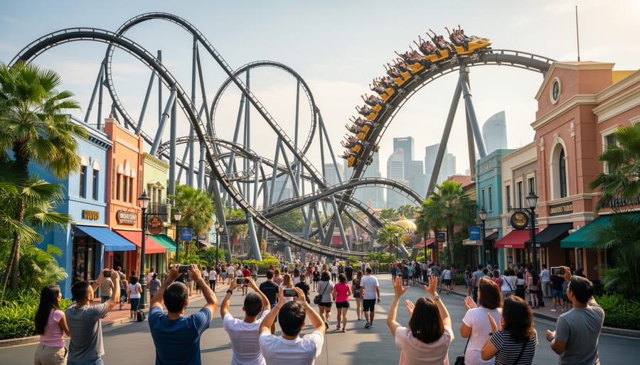 People enjoying a lively Universal Studios Singapore attraction with a roller coaster train in motion.