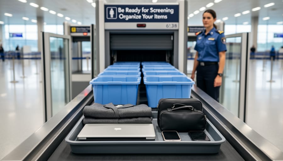 Personal items laid out on the conveyor belt at an airport security screening area