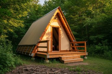 An A-frame oTENTik cabin at Camp Henry in Point Pelee National Park surrounded by trees in warm golden hour light.
