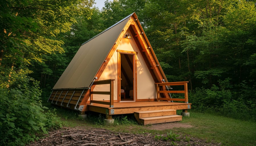 An A-frame oTENTik cabin at Camp Henry in Point Pelee National Park surrounded by trees in warm golden hour light.