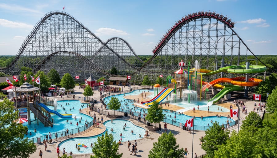 Roller coaster and Splash Works water activity at Canada’s Wonderland in bright sunlight.