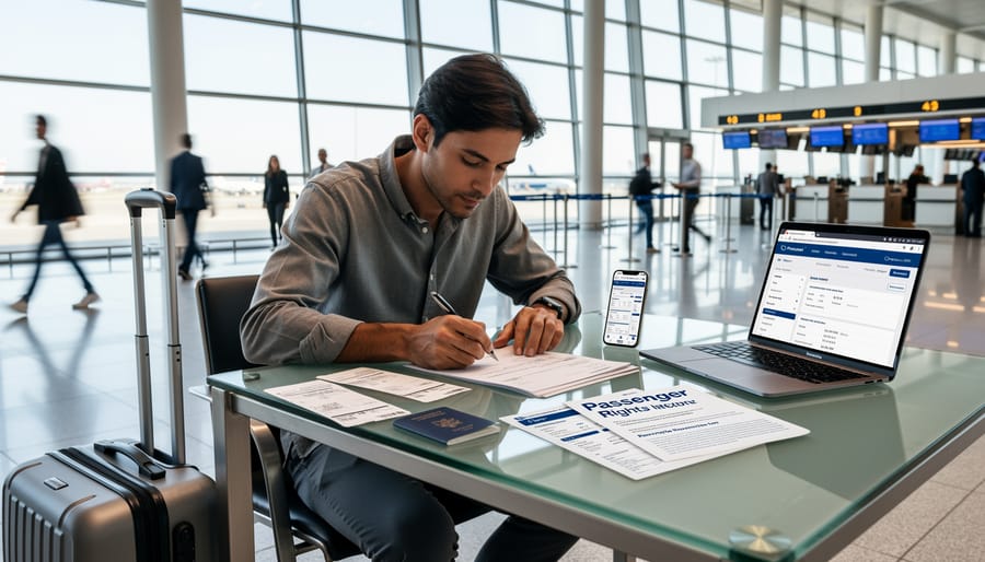Rolling suitcase and travel documents on an airport counter near a check-in desk