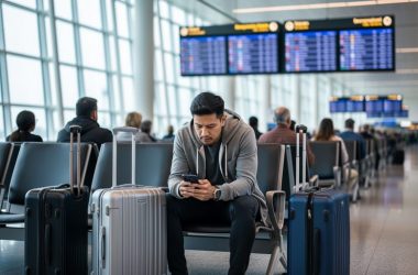 Travelers seated in the Toronto Pearson airport terminal beside rolling suitcases while one checks a phone, suggesting a flight delay.