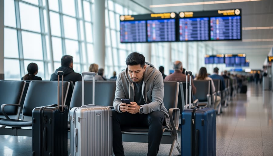Travelers seated in the Toronto Pearson airport terminal beside rolling suitcases while one checks a phone, suggesting a flight delay.