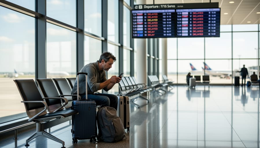Traveler holding a rolling suitcase at a Canadian airport gate while waiting during a delay
