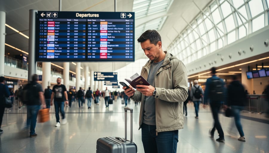 Traveler holding a smartphone and travel documents in an airport terminal while departure information changes.