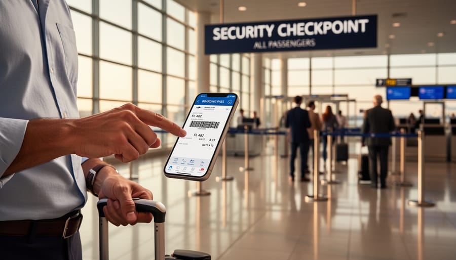 Traveler holding a smartphone boarding pass near Vancouver airport security