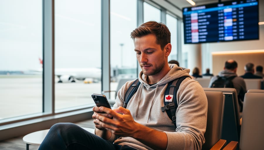 Traveler in an airport lounge looking concerned while holding a smartphone and boarding documents.