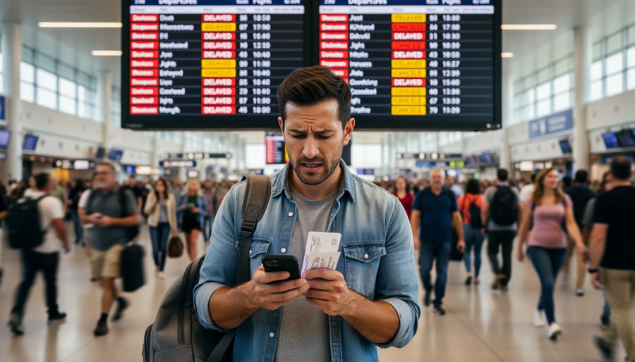 Travelers standing in an airport terminal holding boarding passes and looking toward the departures area.