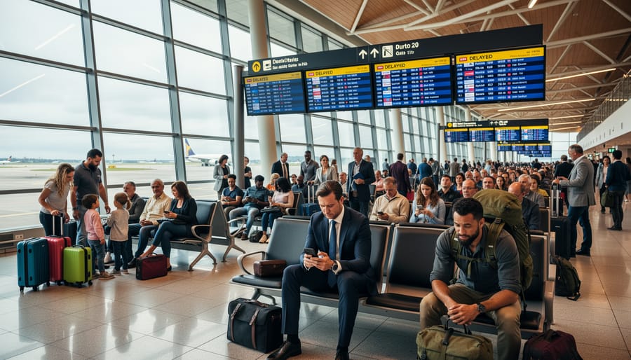 Travelers waiting in a Toronto airport departures area while checking flight status on a phone.