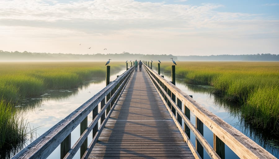 View down a boardwalk toward Point Pelee marsh wetlands with reeds and water in the distance.
