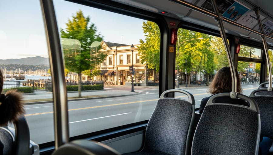 View from inside a bus showing riders looking out at a scenic Victoria neighborhood passing by