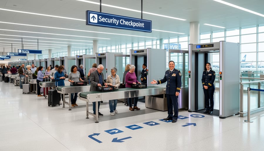 Wide view of Vancouver International Airport security entrance with travelers moving in the background