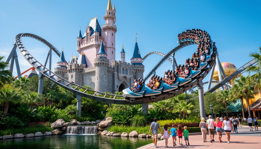 Wizarding World-inspired castle spires at Universal’s Islands of Adventure with coaster elements in view.