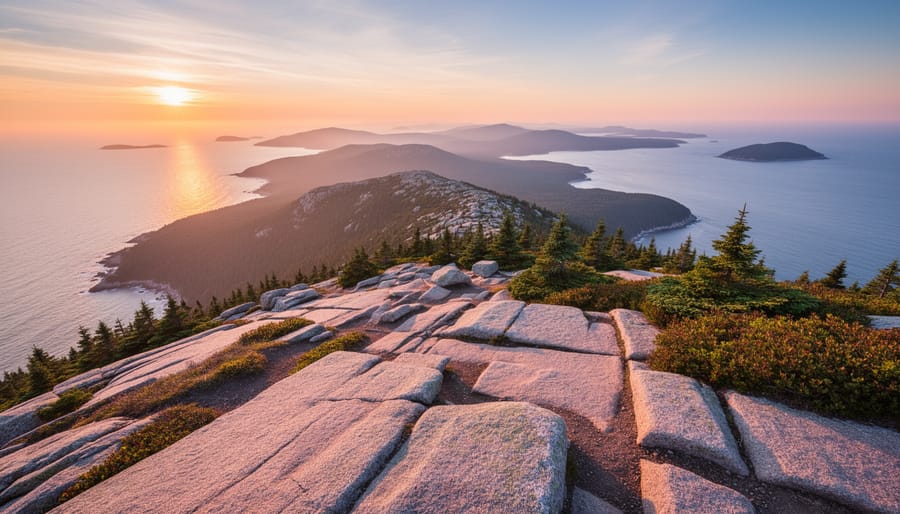 Sunrise view from Cadillac Mountain over Acadia’s granite cliffs and Atlantic Ocean