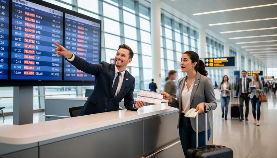 Airline staff member assisting a passenger with travel documents during a delay